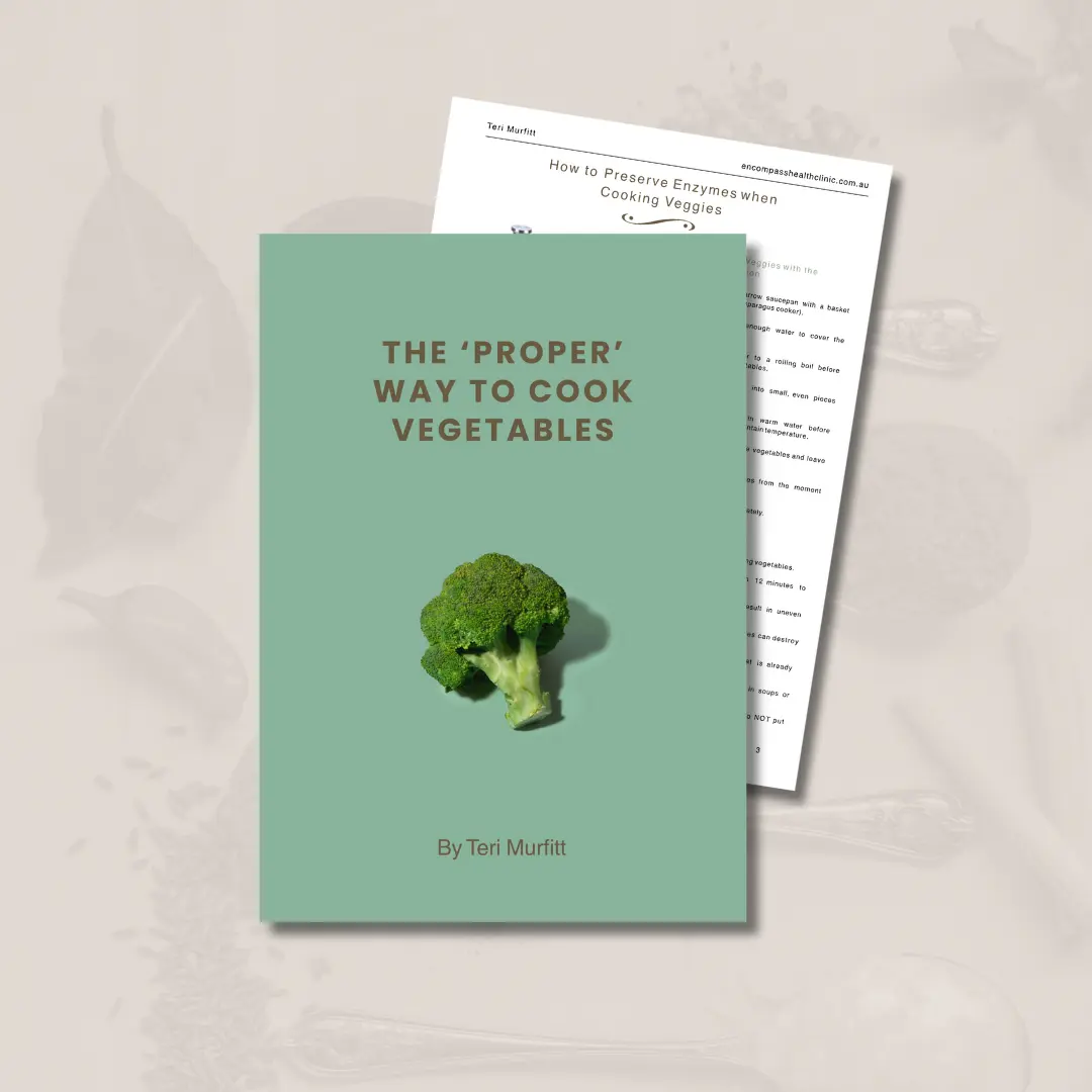 Cover of "The ‘Proper’ Way to Cook Vegetables" ebook by Teri Murfitt, featuring a broccoli on a green background with a cooking guide page behind it.
